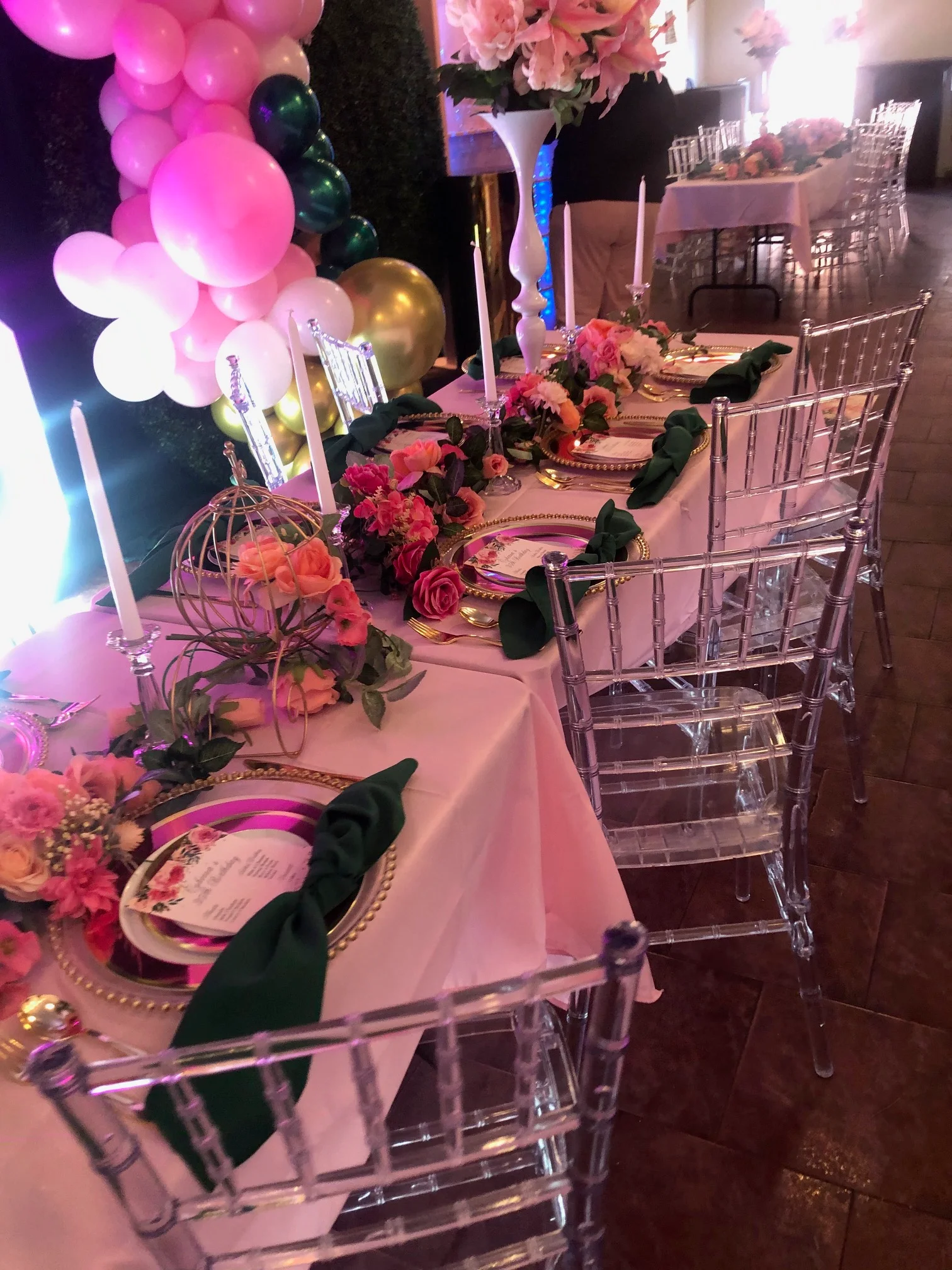 Private event table setup in a warm venue